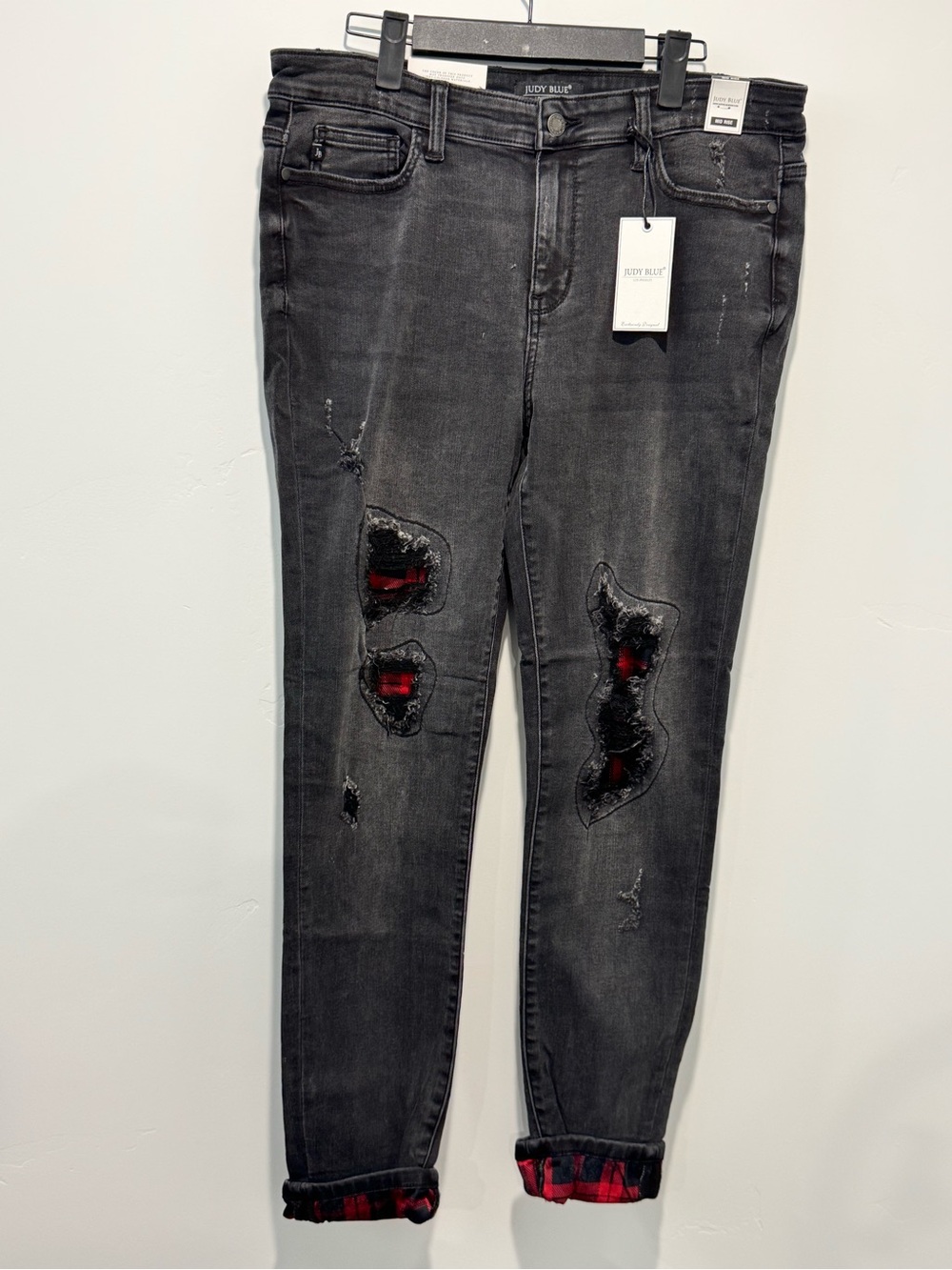 Judy Blue Black Distressed Jeans with Red Plaid Underlay Size 13/31
